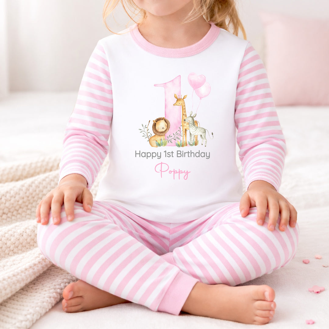 Personalised Pink Jungle Happy First Birthday Pyjamas