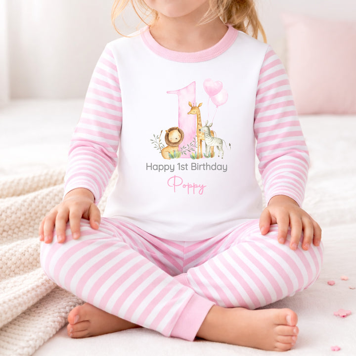 Personalised Pink Jungle Happy First Birthday Pyjamas