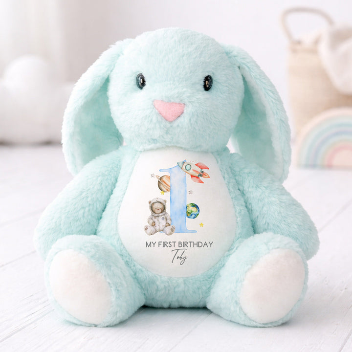 Personalised Blue Spaceman First Birthday Rabbit