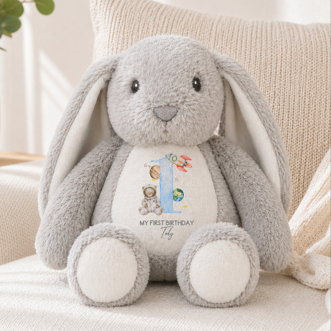 Personalised Blue Spaceman First Birthday Rabbit