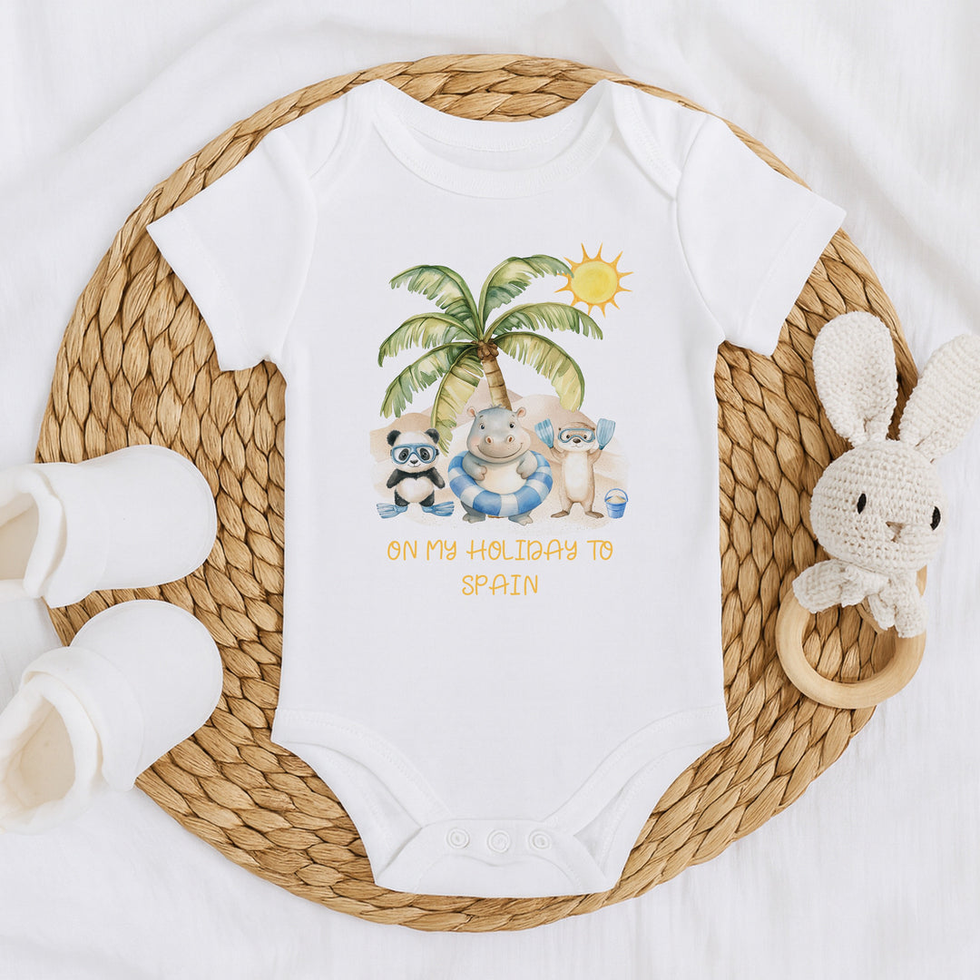Personalised Blue On My Holiday Baby Grow or Vest