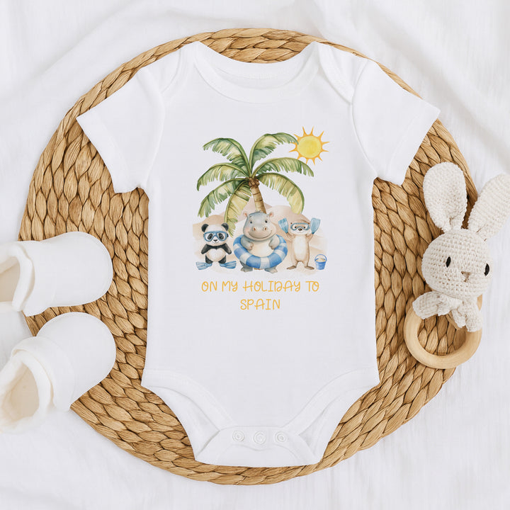 Personalised Blue On My Holiday Baby Grow or Vest