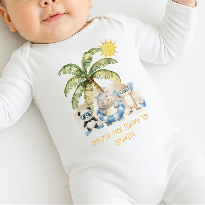 Personalised Blue On My Holiday Baby Grow or Vest
