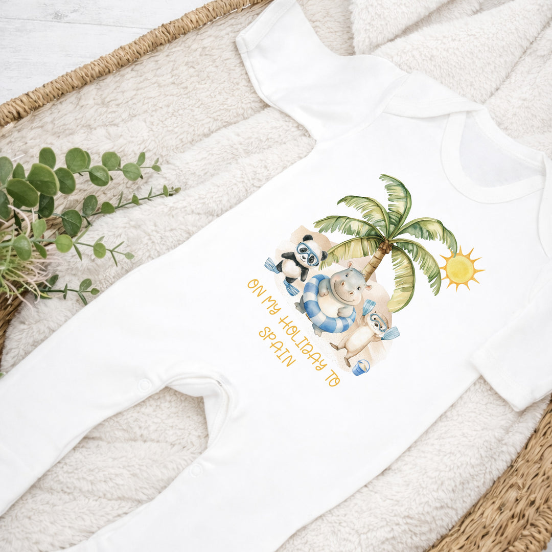 Personalised Blue On My Holiday Baby Grow or Vest