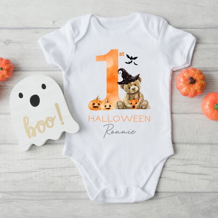 Personalised My First Halloween Orange Teddy Babygrow/Vest/Bib