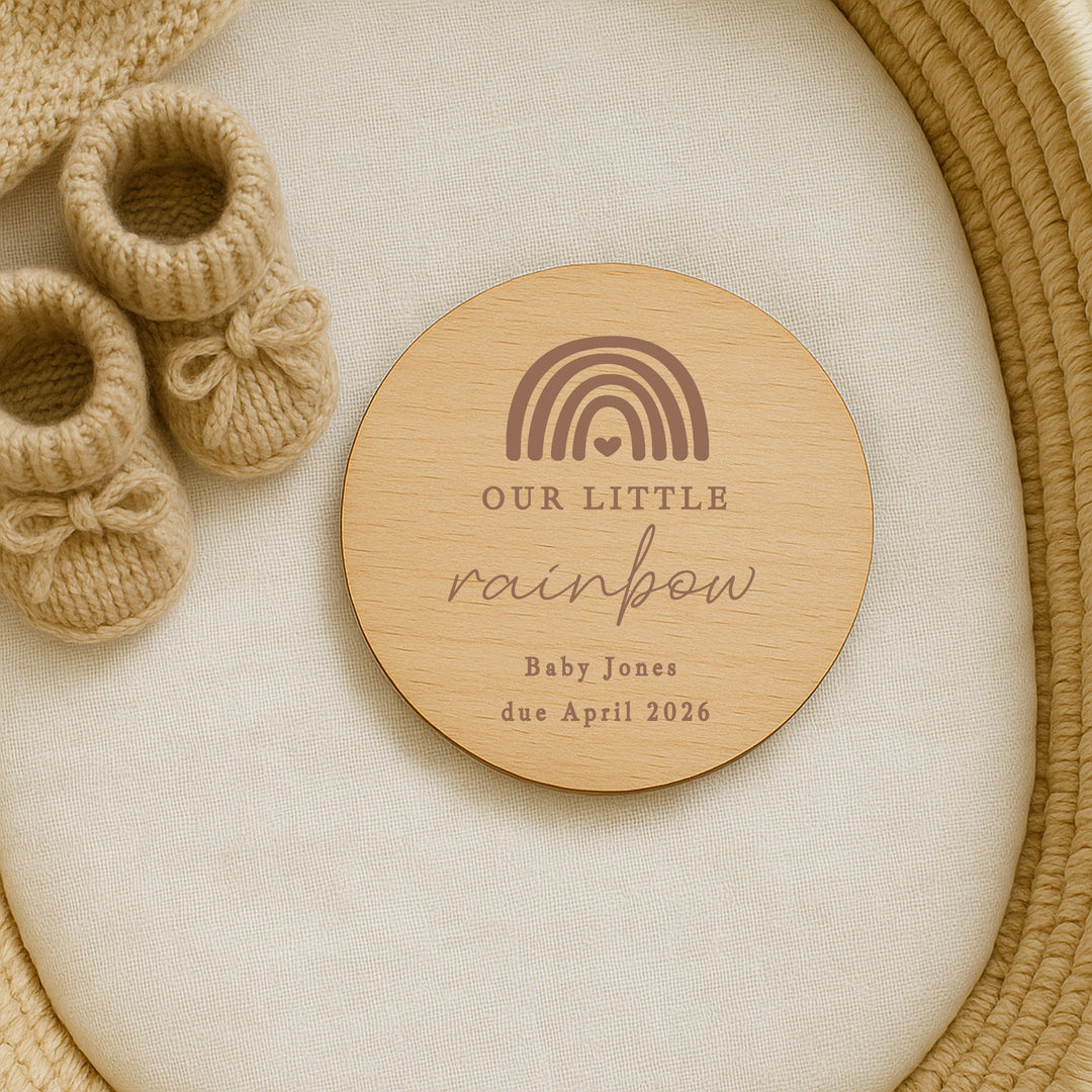 Personalised Script Our Little Rainbow IVF Wooden Baby Announcement Plaque