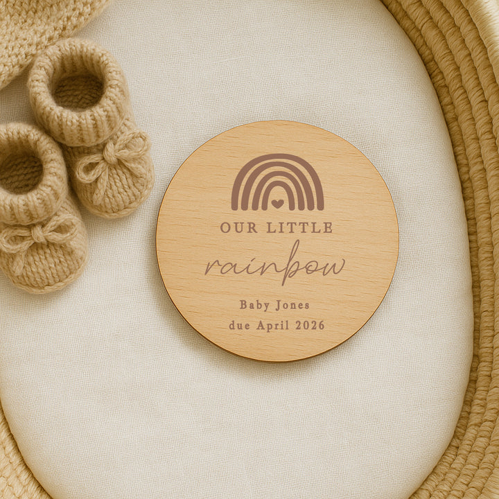 Personalised Script Our Little Rainbow IVF Wooden Baby Announcement Plaque