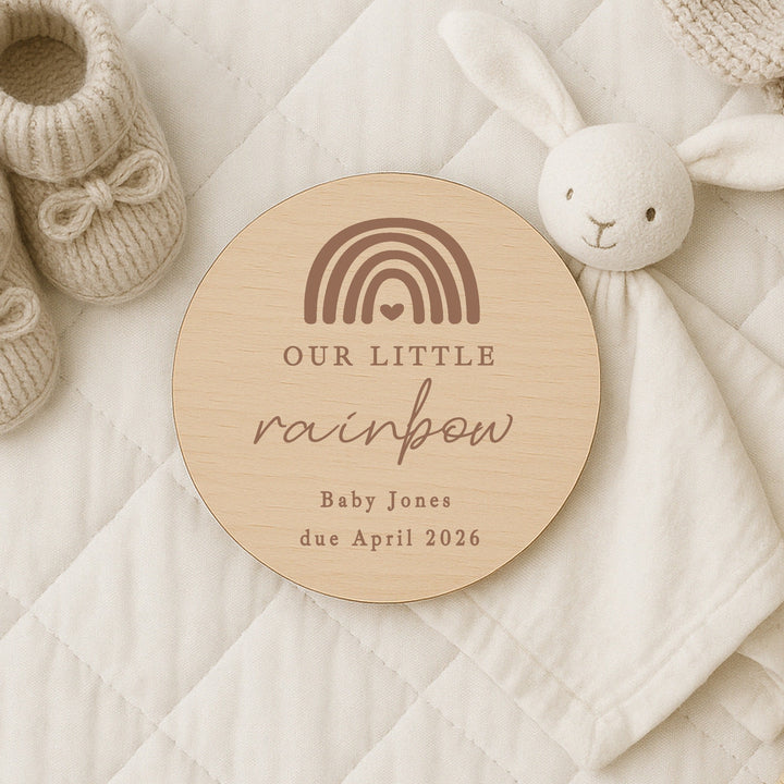 Personalised Script Our Little Rainbow IVF Wooden Baby Announcement Plaque
