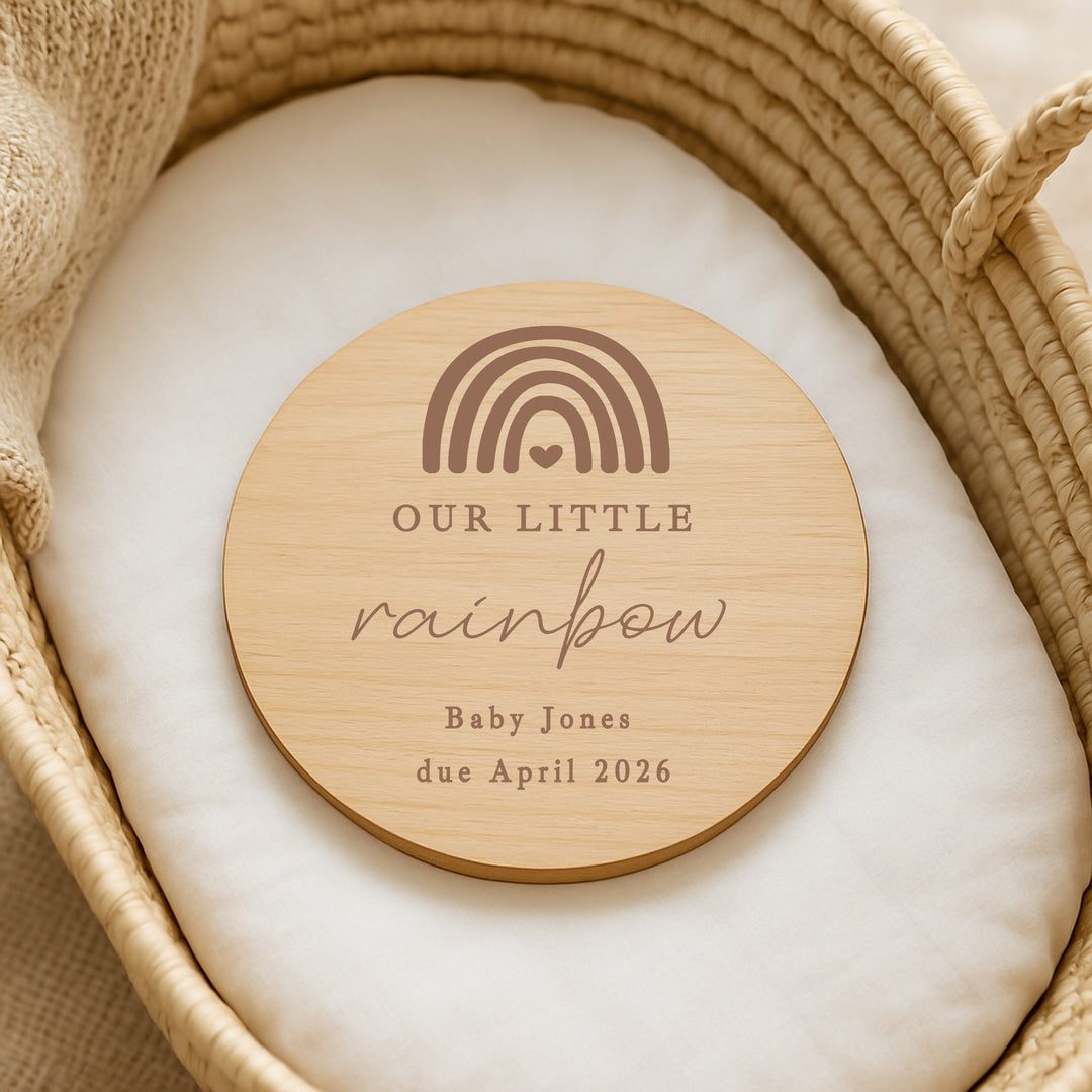 Personalised Script Our Little Rainbow IVF Wooden Baby Announcement Plaque