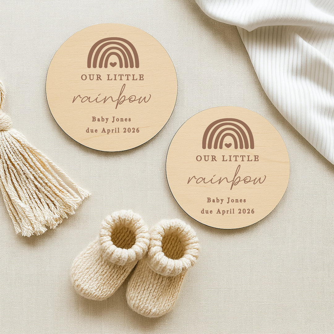 Personalised Script Our Little Rainbow IVF Wooden Baby Announcement Plaque