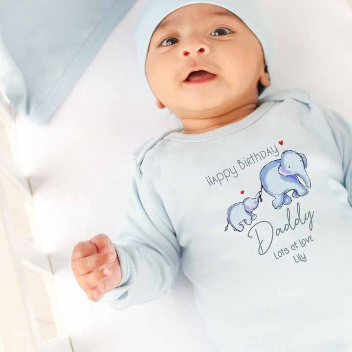 Happy Birthday Daddy/Mummy Blue Elephant Blue Babygrow