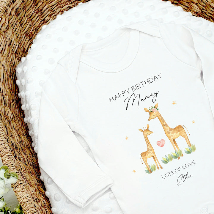 Personalised Happy Birthday Mummy Giraffe Outfit (Babygrow | Vest)