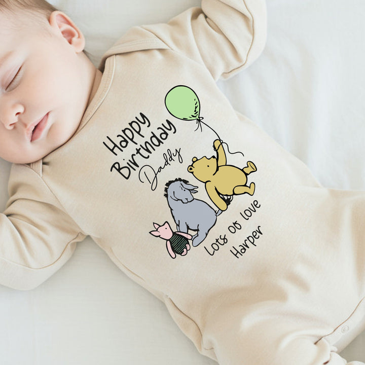 Personalised Happy Birthday Pooh Bear Daddy/Mummy Beige Babygrow/Vest