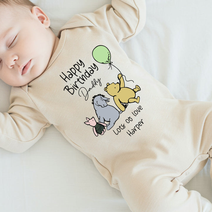 Personalised Winnie the Pooh Happy Birthday Daddy/Mummy Beige Babygrow/Vest