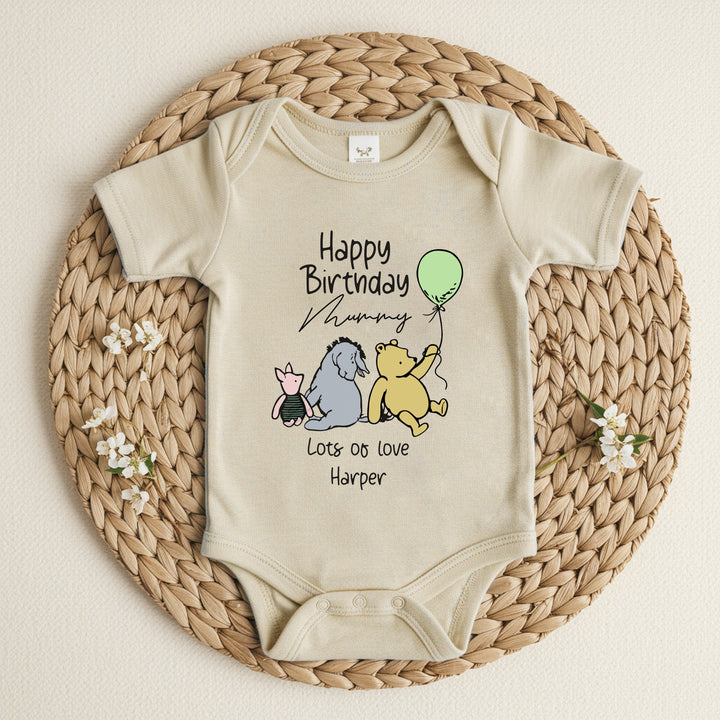 Personalised Winnie the Pooh Happy Birthday Daddy/Mummy Beige Babygrow/Vest
