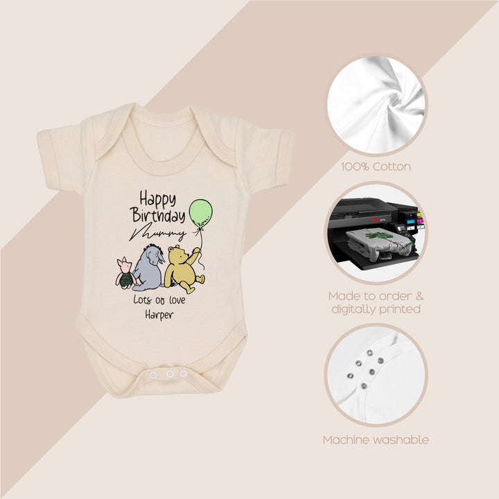 Personalised Winnie the Pooh Happy Birthday Daddy/Mummy Beige Babygrow/Vest