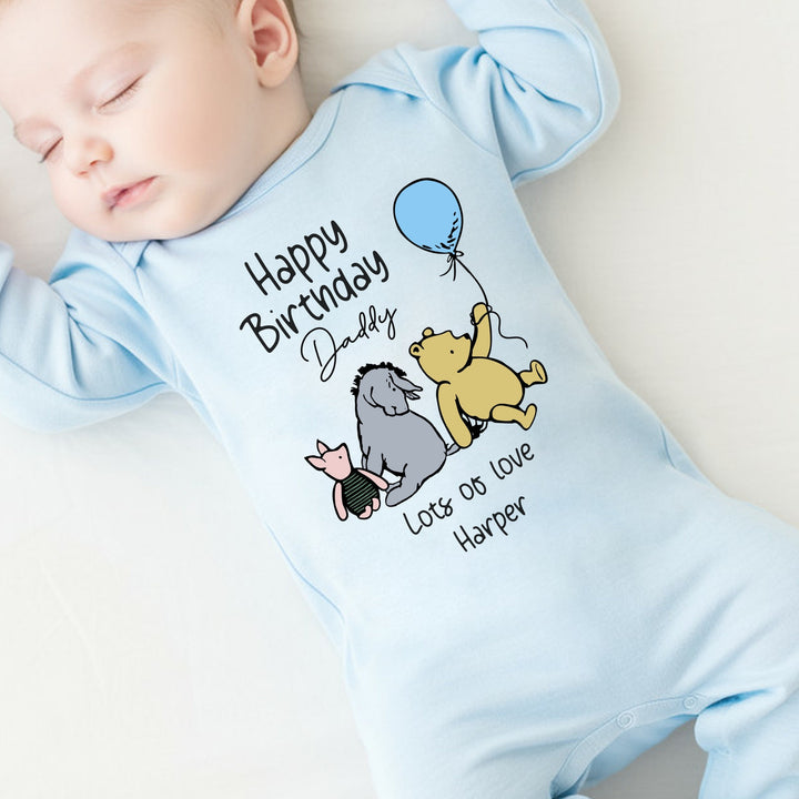 Personalised Happy Birthday Pooh Bear Daddy/Mummy Blue Babygrow/Vest