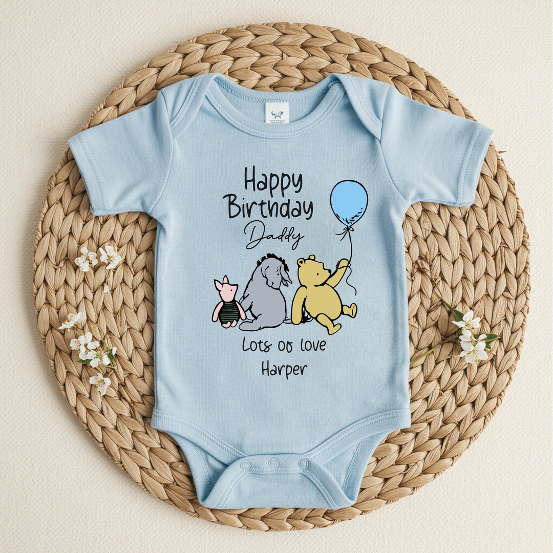 Personalised Happy Birthday Pooh Bear Daddy/Mummy Blue Babygrow/Vest