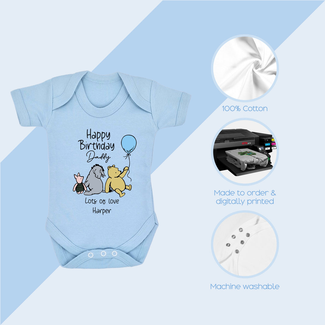 Personalised Happy Birthday Pooh Bear Daddy/Mummy Blue Babygrow/Vest