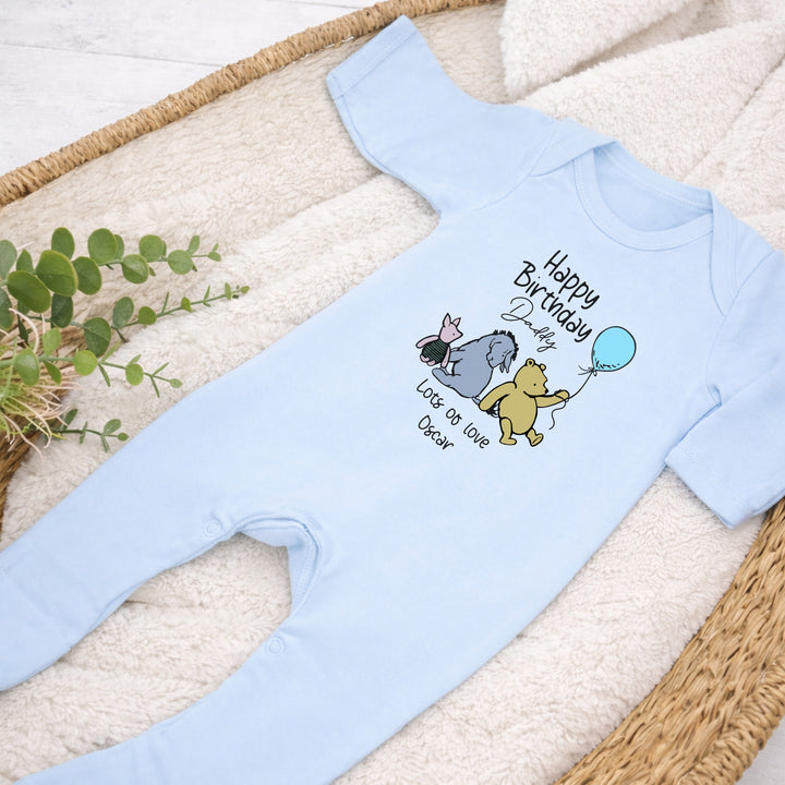 Personalised Blue Pooh Bear Happy Birthday Mummy or Daddy Baby Grow or Vest