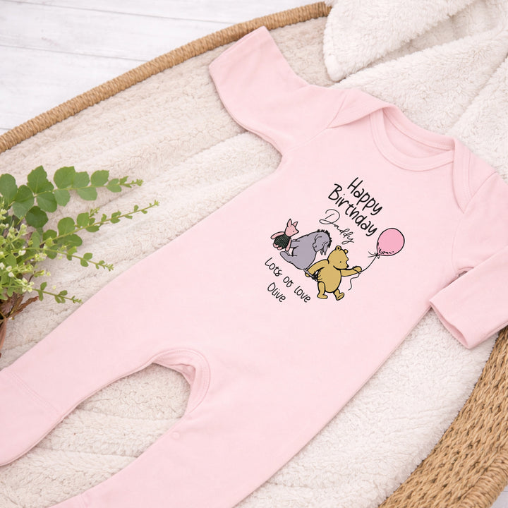 Personalised Pink Pooh Bear Happy Birthday Mummy or Daddy Baby Grow or Vest