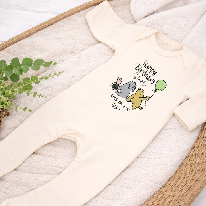 Personalised Beige Pooh Bear Happy Birthday Mummy or Daddy Baby Grow or Vest
