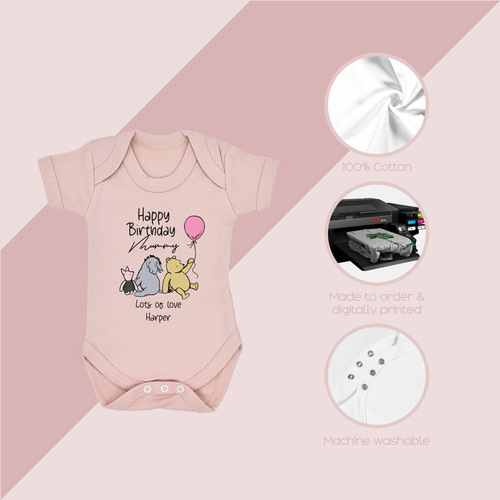 Personalised Winnie the Pooh Happy Birthday Daddy/Mummy Pink Babygrow/Vest