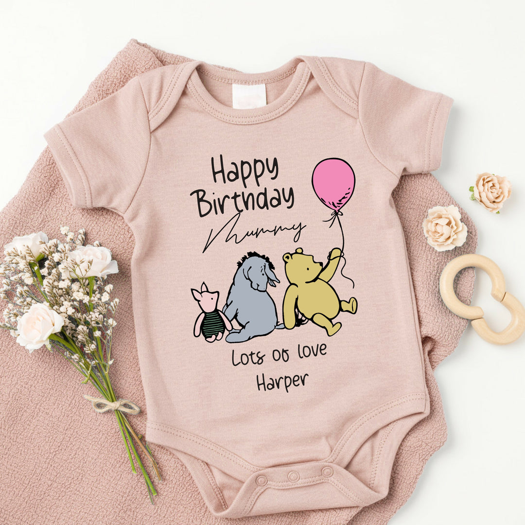 Personalised Winnie the Pooh Happy Birthday Daddy/Mummy Pink Babygrow/Vest