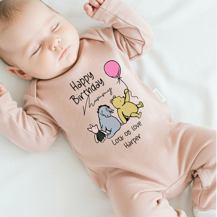 Personalised Winnie the Pooh Happy Birthday Daddy/Mummy Pink Babygrow/Vest