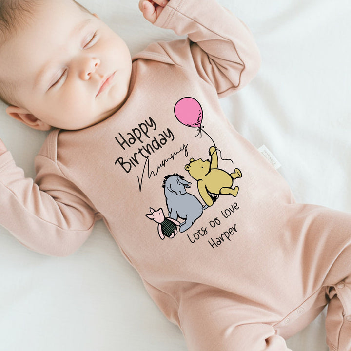 Personalised Happy Birthday Pooh Bear Daddy/Mummy Pink Babygrow/Vest