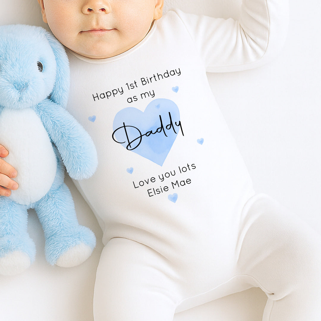 Personalised Blue Heart Happy Birthday Daddy Baby Grow/Vest