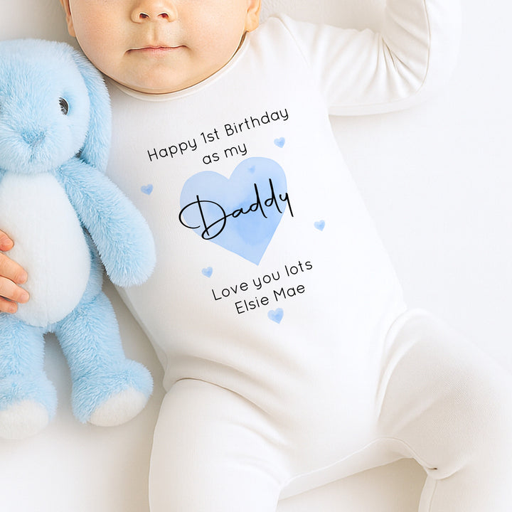 Personalised Blue Heart Happy Birthday Daddy Baby Grow/Vest
