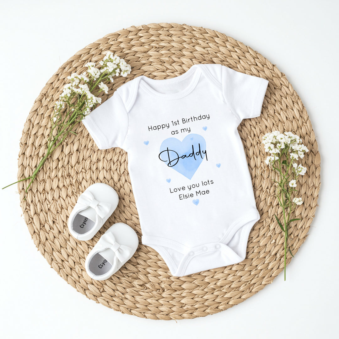 Personalised Blue Heart Happy Birthday Daddy Baby Grow/Vest