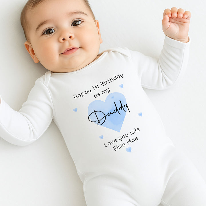 Personalised Blue Heart Happy Birthday Daddy Baby Grow/Vest