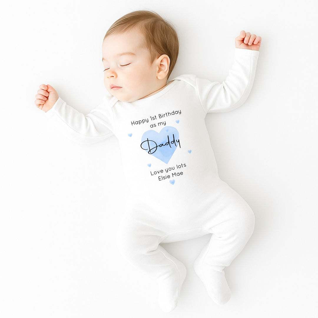 Personalised Blue Heart Happy Birthday Daddy Baby Grow/Vest