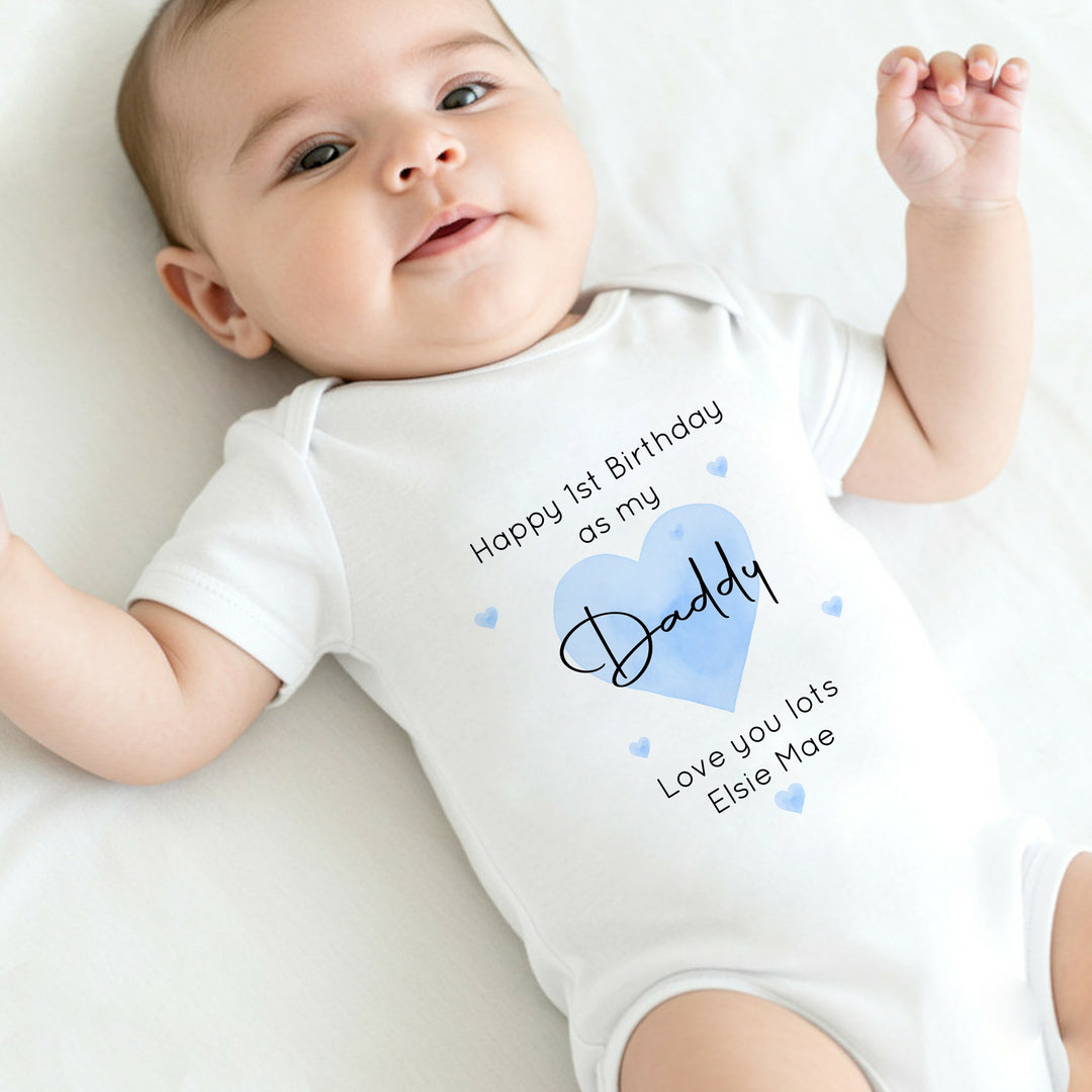 Personalised Blue Heart Happy Birthday Daddy Baby Grow/Vest