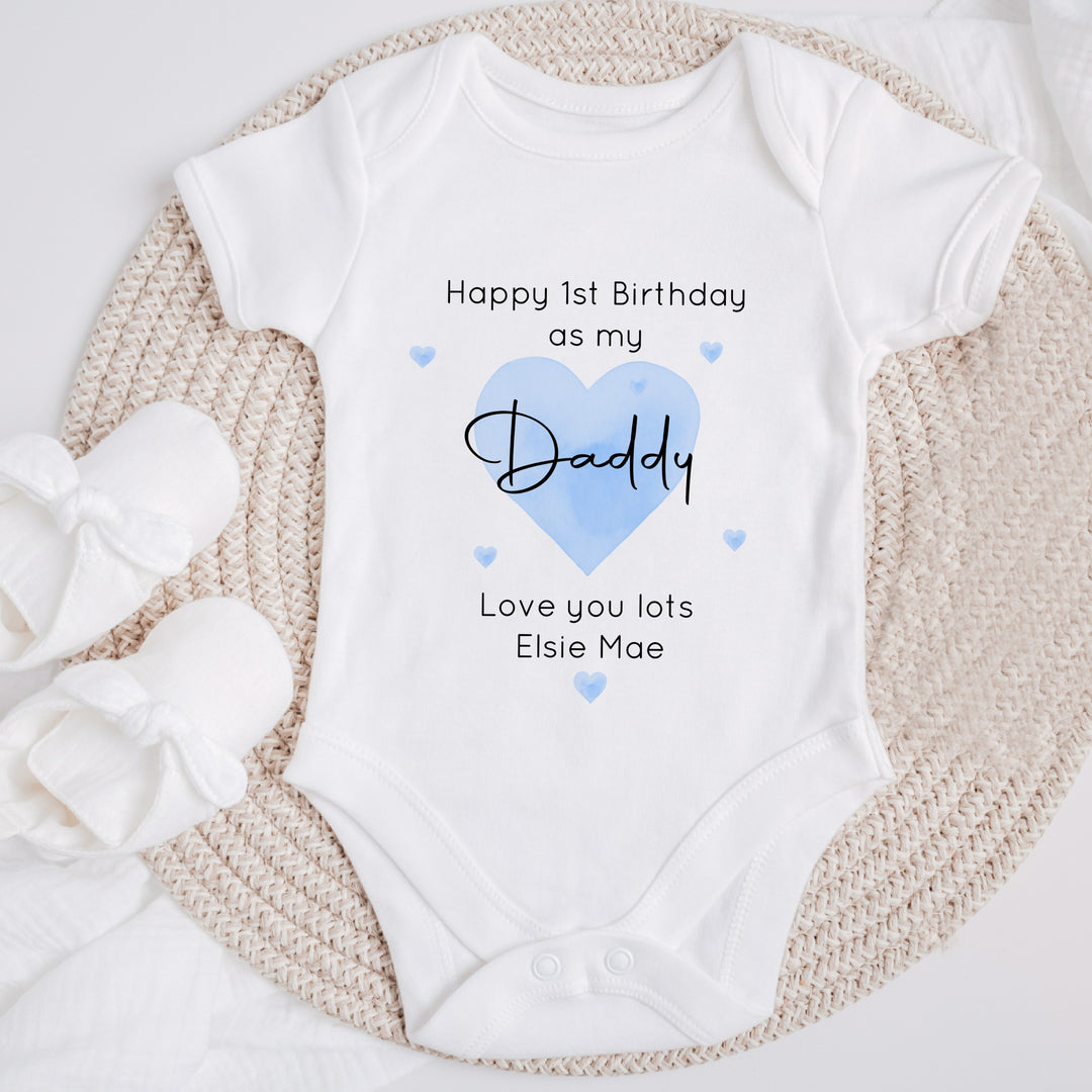 Personalised Blue Heart Happy Birthday Daddy Baby Grow/Vest