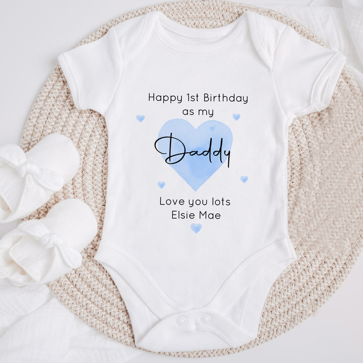 Personalised Blue Heart Happy Birthday Daddy Baby Grow/Vest