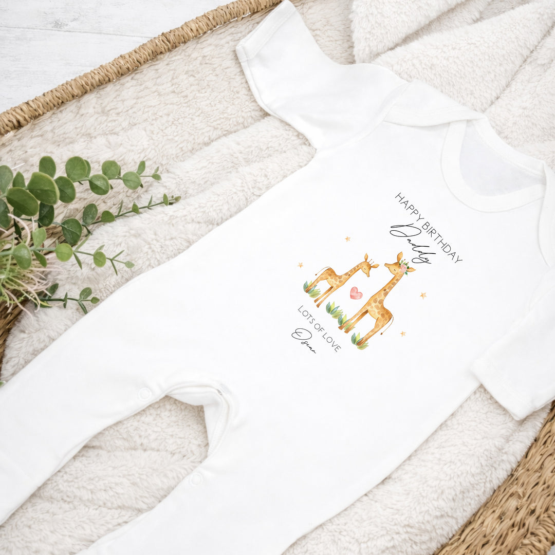 Personalised Giraffe Happy Birthday Mummy/Daddy Baby Grow or Vest