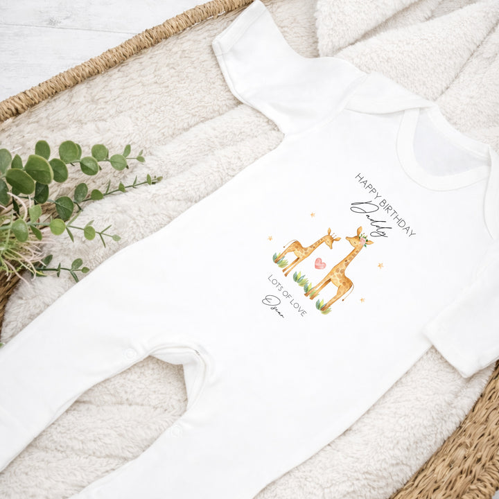 Personalised Giraffe Happy Birthday Mummy/Daddy Baby Grow or Vest