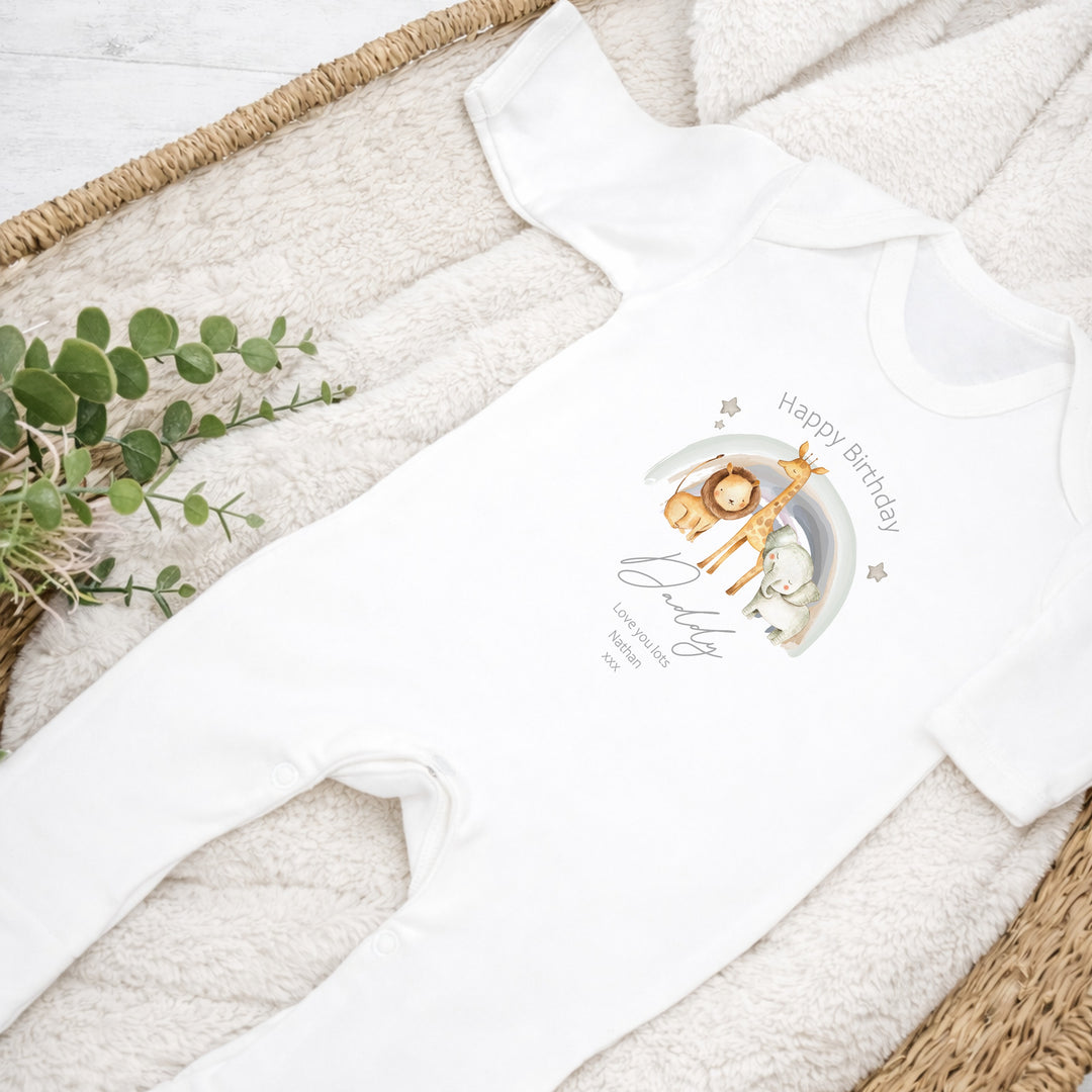 Personalised Jungle Rainbow Happy Birthday Mummy/Daddy Baby Grow or Vest