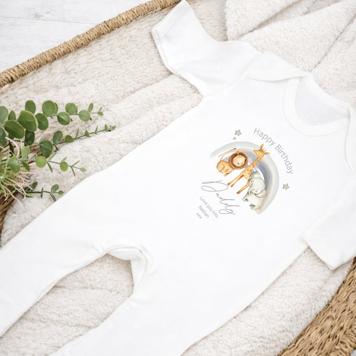 Personalised Jungle Rainbow Happy Birthday Mummy/Daddy Baby Grow or Vest