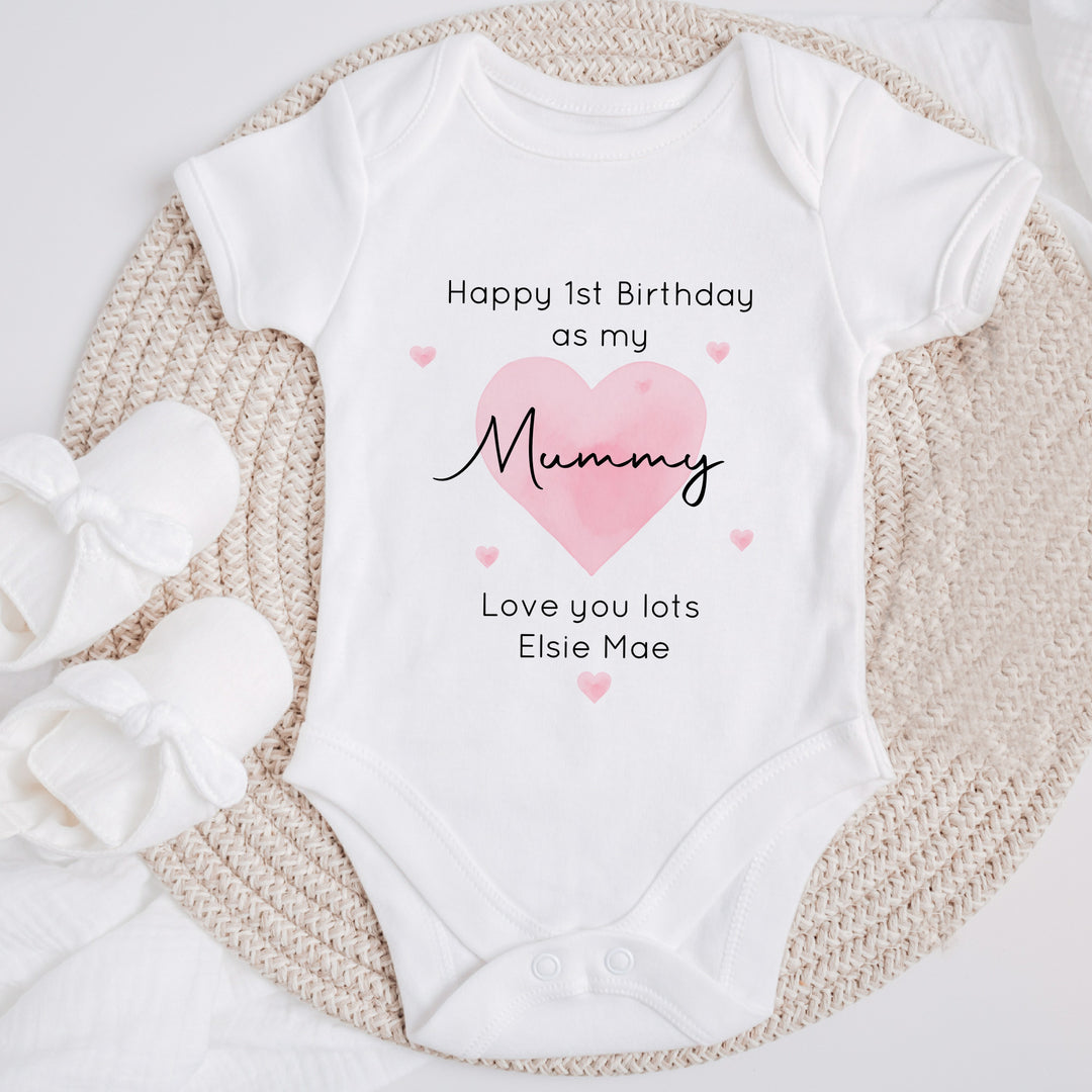Personalised Pink Heart Happy Birthday Mummy Baby Grow/Vest