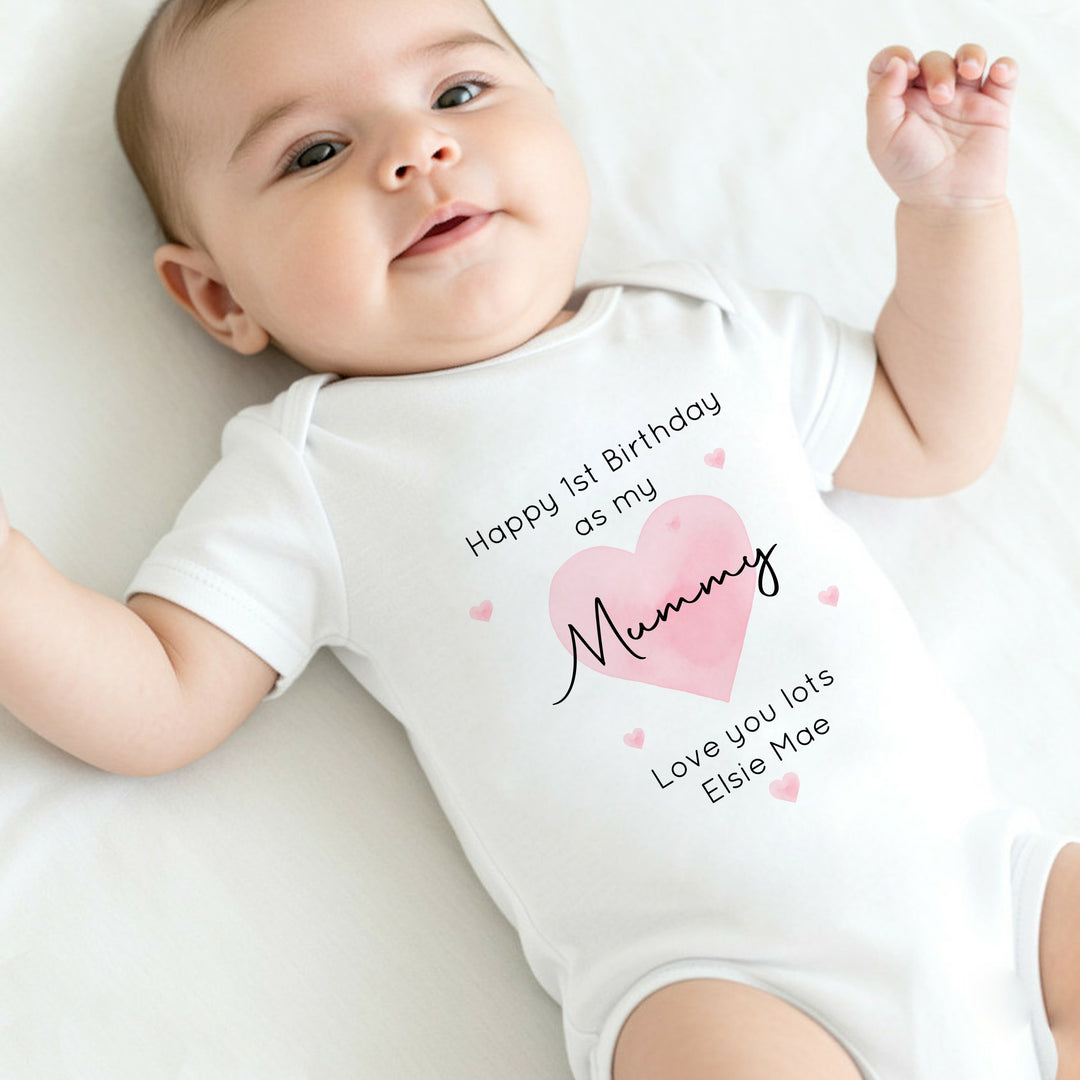 Personalised Pink Heart Happy Birthday Mummy Baby Grow/Vest