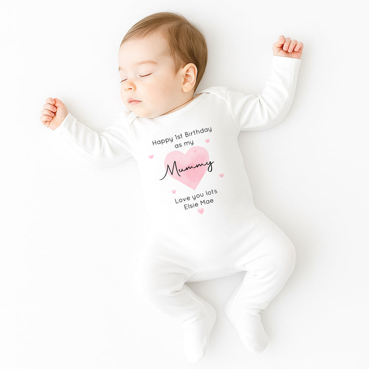 Personalised Pink Heart Happy Birthday Mummy Baby Grow/Vest