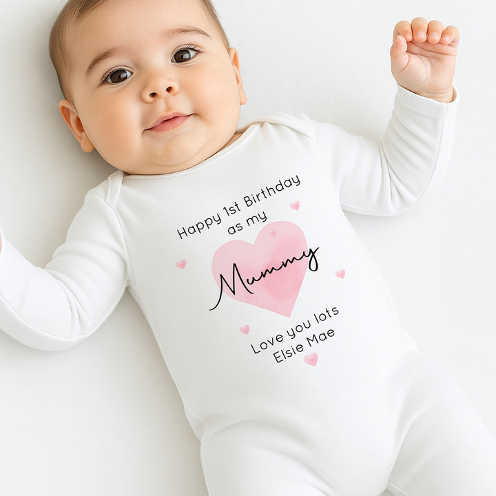 Personalised Pink Heart Happy Birthday Mummy Baby Grow/Vest