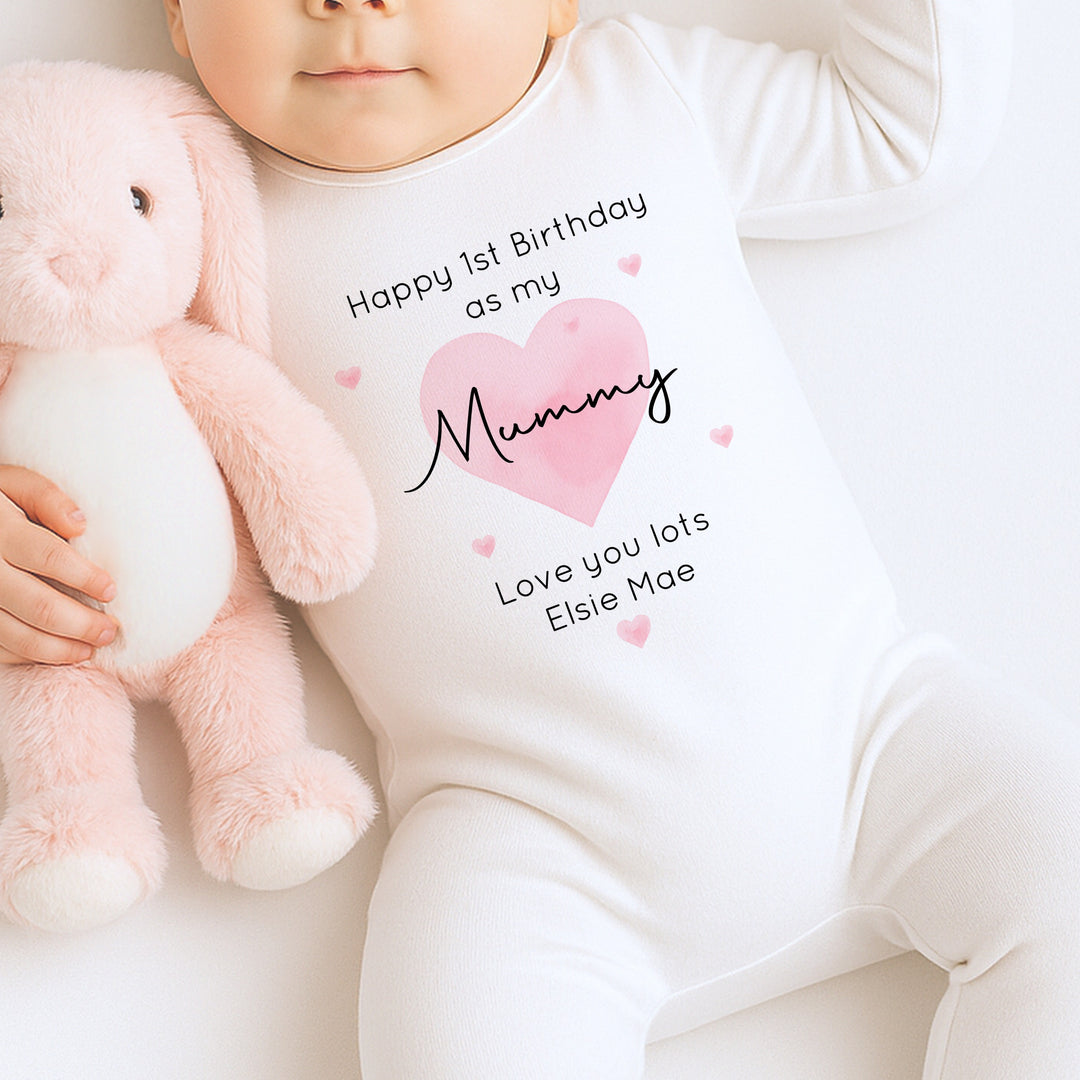 Personalised Pink Heart Happy Birthday Mummy Baby Grow/Vest