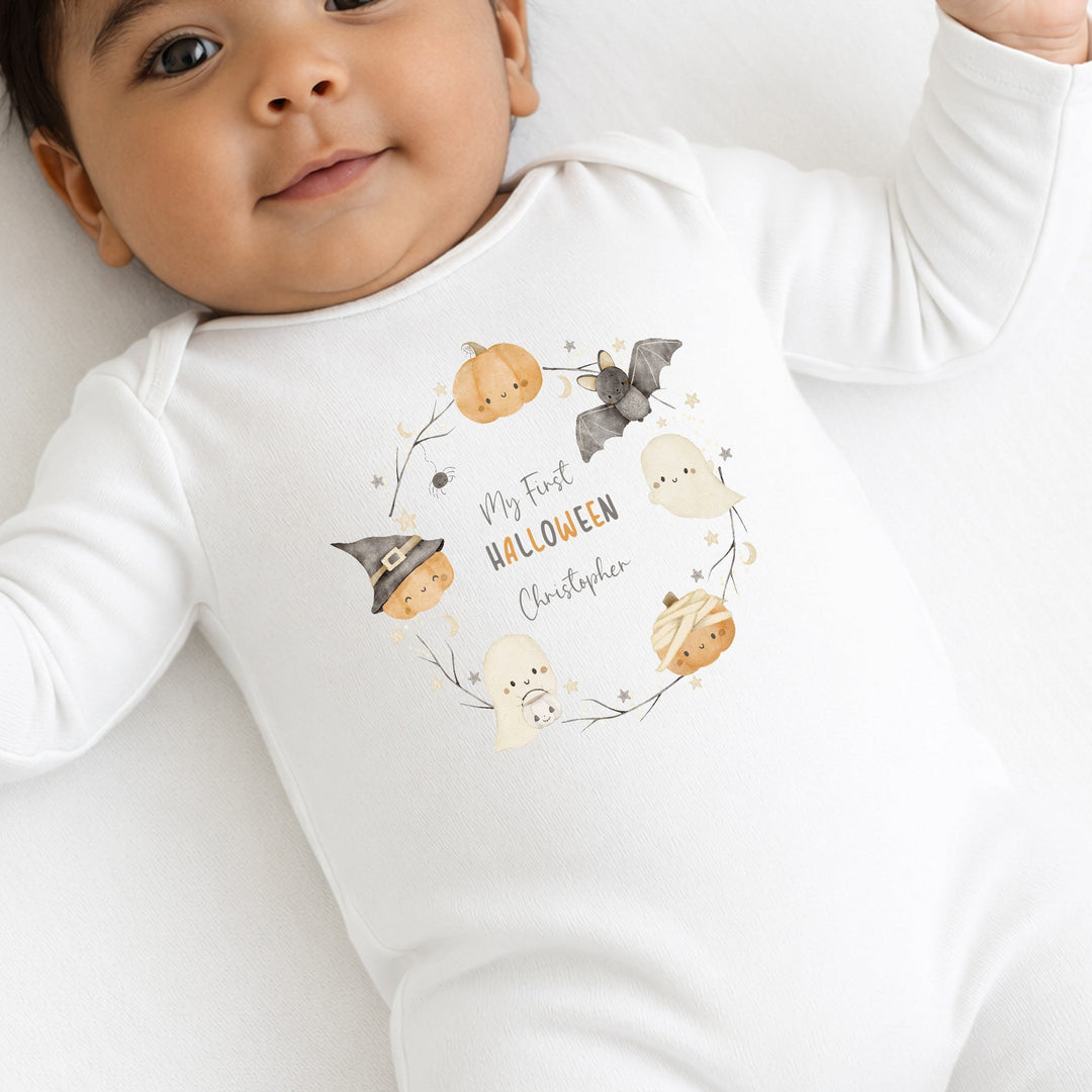 Personalised Pumpkin Wreath My First Halloween Baby Grow or Vest