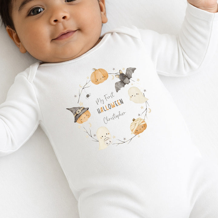 Personalised Pumpkin Wreath My First Halloween Baby Grow or Vest