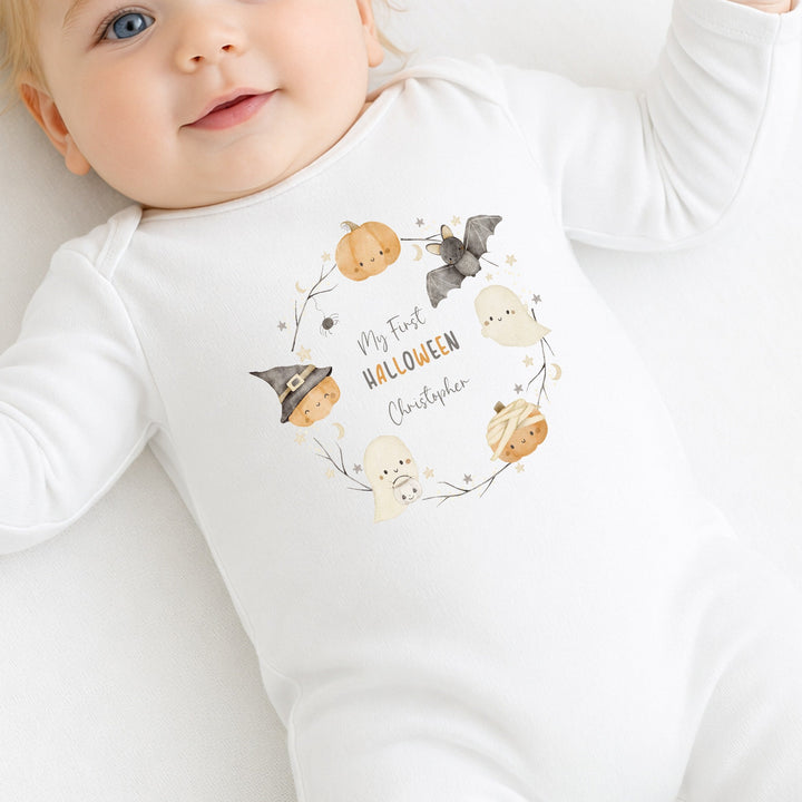 Personalised Pumpkin Wreath My First Halloween Baby Grow or Vest
